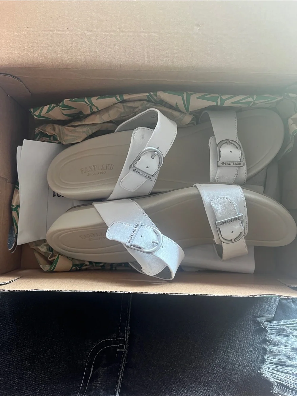 Eastland White Dual-Buckle Slide Sandals with Silver Hardware